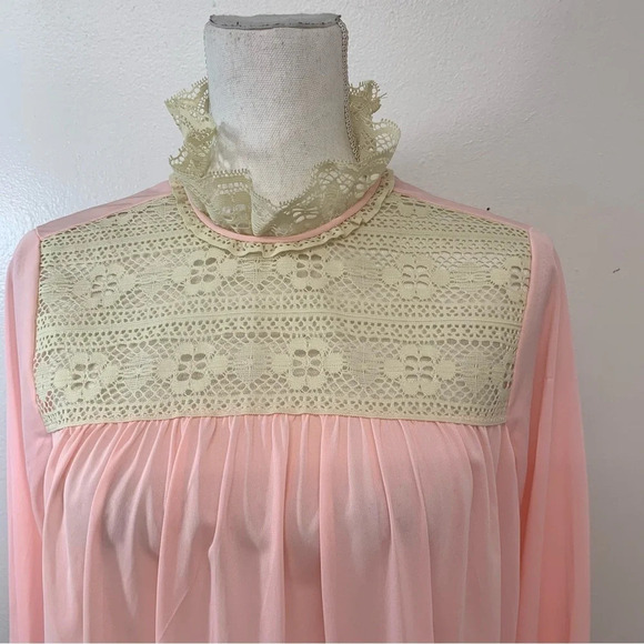 Vintage Nylon Long Nightgown Small  Pink  Lace High Neck Ruffle Sleeve Modest - Picture 2 of 12